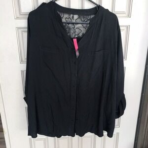 Pure Energy Blouse SzXL Black Relaxed Fit Rayon Long Sleeve Lace Yoke Back